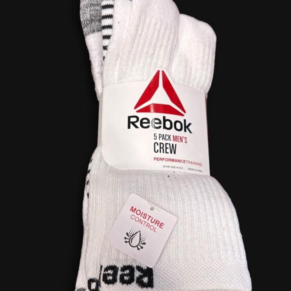 Reebok Menโs 5 Pack Crew Performance Training Socks White Size 6-12.5